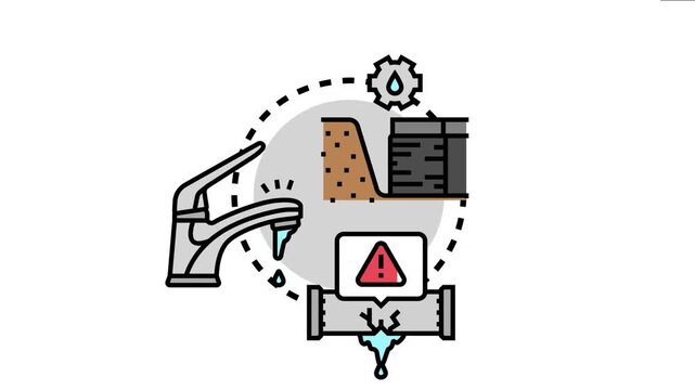 Water leakage minimizing concept drawing showcasing a dripping faucet, a broken pipe with a warning sign, and a dam for water management, symbolizing conservation