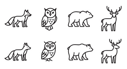 Fototapeta premium Wild Animal Line Icon Set - Fox, Owl, Bear, Deer Vector Icons