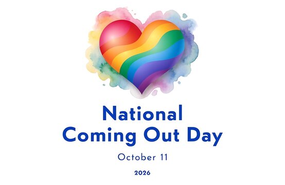 National coming out day watercolor rainbow heart design on white background