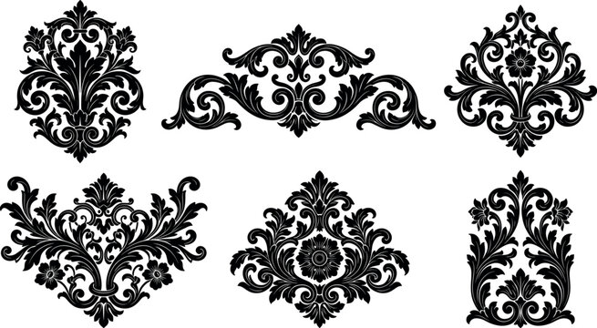 Vintage baroque damask ornament black silhouette vector set with elegant royal acanthus leaf scroll patterns