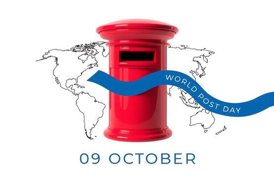 Red post box for world post day with world map silhouette background