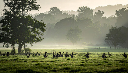 Obraz premium Canadian Geese Flock Grazing in Misty Meadow at Sunrise with Silhouetted Trees and Foggy Background