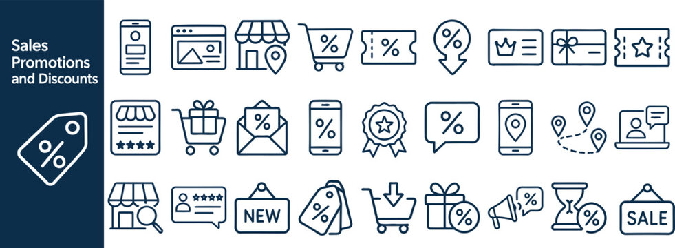 Sales Promotions and Discounts outline icon set. Featuring discount tag, coupon, shopping cart, gift card, and sale sign symbols. Vector icons for retail promotions and ecommerce discounts.
