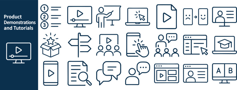 Product Demonstrations and Tutorials outline icon set. Featuring video lesson, presenter, step list, click, and online course symbols. Vector icons for product training and tutorials.