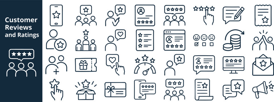 Customer Reviews outline icon set. Featuring star rating, feedback form, review profile, score, and recommendation symbols. Vector icons for customer feedback and online reputation.