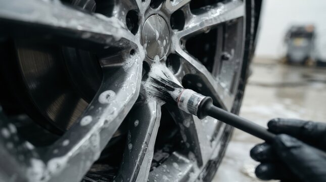 alloy wheel detailing brush closeup Close-up of a person cleaning a car wheel with a brush and soapy water