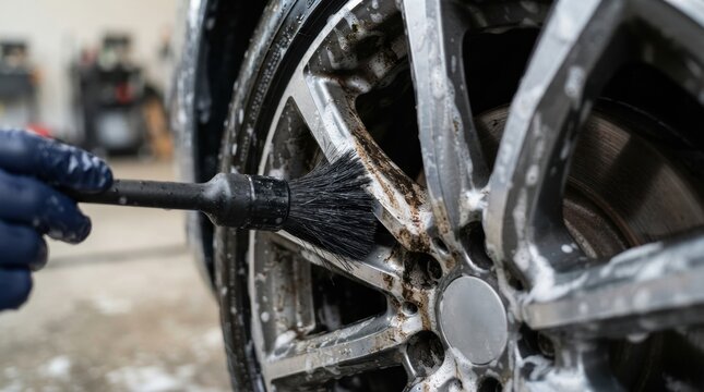 alloy wheel detailing brush closeup Car wheel being cleaned with a brush and soapy water in a garage.