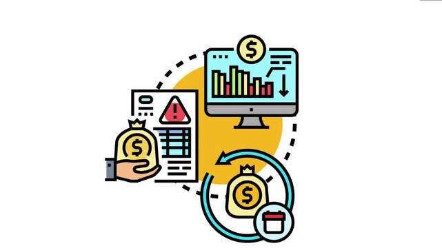 Business finance operations icon illustrating money bags, financial data charts, warning signs, and a cyclical process of cash flow management for commercial transactions