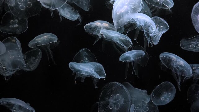 Graceful jellyfish moving through the water with translucent bodies and trailing tentacles