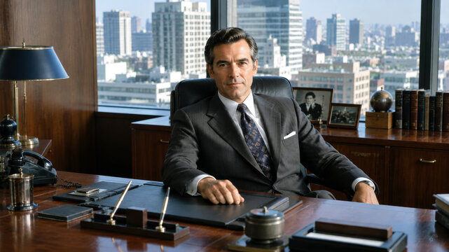 Confident businessman sitting behind a desk in an executive office with a city skyline in the background