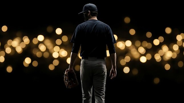 Baseball player standing against night stadium lights.