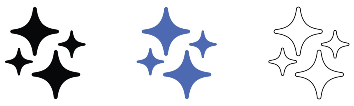 Sparkle star magic shine icon set featuring glittering clean sparkle burst, artificial intelligence feature symbol, novelty highlight mark, and glowing starlet in solid black, blue, and outline vector