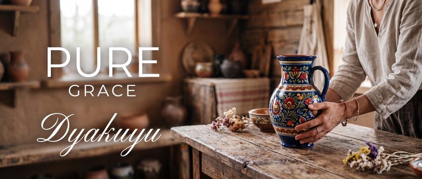 Ceramic pitcher jug held by artisan hands on rustic wooden table in pottery workshop studio with floral folk pattern, traditional handmade pottery craft concept and authentic heritage atmosphere.