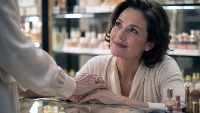Mature woman receiving personal assistance at a beauty counter while shopping for cosmetics and skincare products