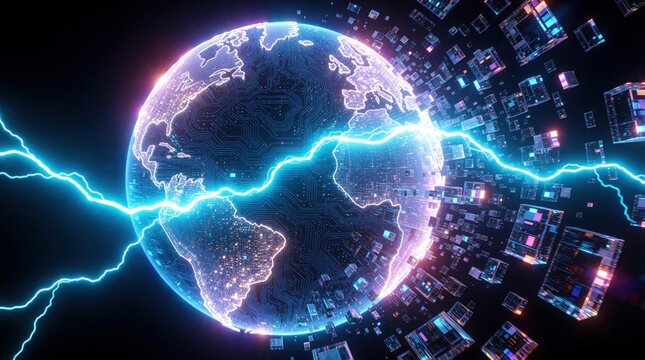 Digital globe fragmenting into glowing data cubes with lightning bolts. Futuristic earth network breaking apart showing cyber security crisis, data corruption. Abstract technology concept with neon