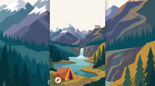 Vector mountain landscape with camping, hiking trail, waterfall, and lake for outdoor adventure travel and exploration.