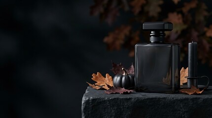 Obraz premium Luxury black perfume bottle on stone pedestal surrounded by dried autumn oak leaves and black candle on dark moody background