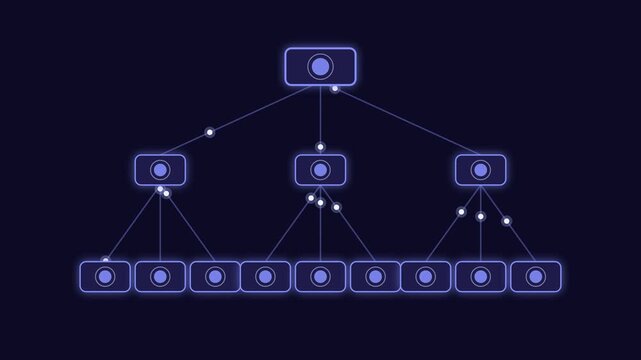 Indigo org chart nodes connecting into network tree on dark background
