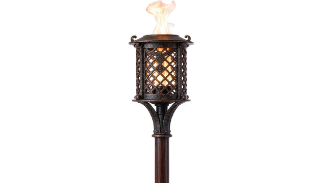 Ornate metal torch with intricate lattice design and flickering flame, isolated on transparent background
