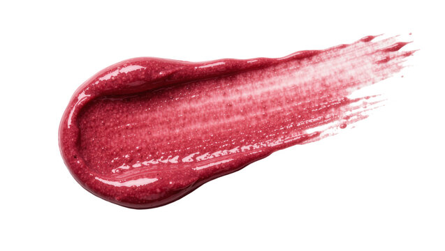 Textured crimson lip gloss smear with subtle shimmer, isolated on transparent background