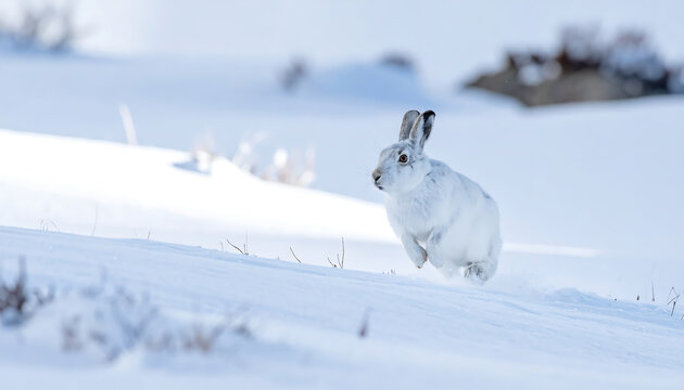 Arctic Hare Running Through Snowy Landscape in Winter Wildlife Scene