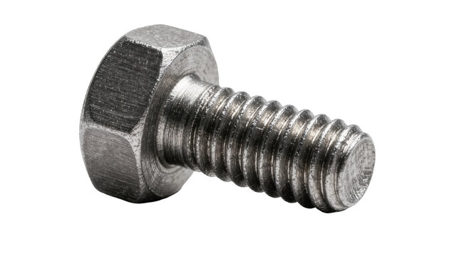 Hex head metal bolt with threaded shaft, isolated on transparent background