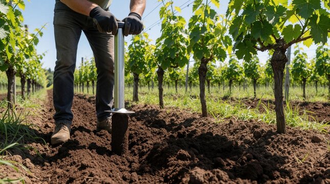 Farmer extracts soil core sample using metal probe in vineyard rows. Agronomist tests ground fertility for sustainable crop management. Worker in gloves analyzes brown dirt for precision viticulture,