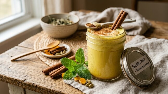 Homemade Golden Honey Butter Jar with Fresh Ingredients on Wooden Board.