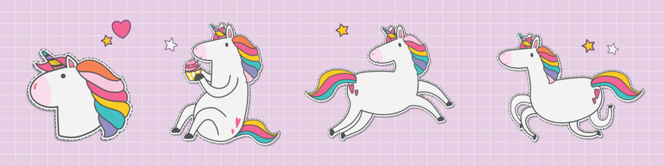 Obraz premium Vector of cute unicorns with rainbow manes on a pink grid background.