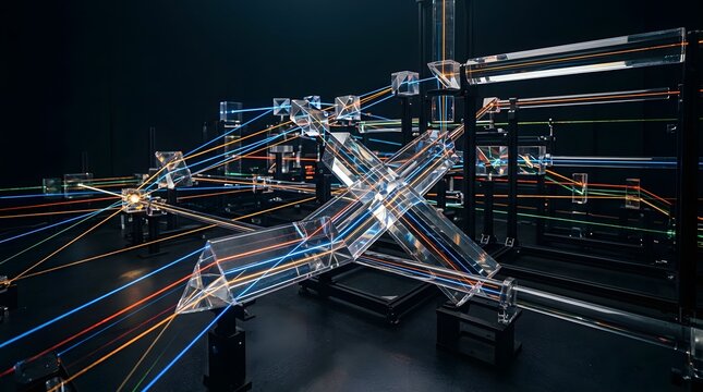 Complex physics optics experiment featuring bright colorful laser beams passing through transparent glass prisms and lenses