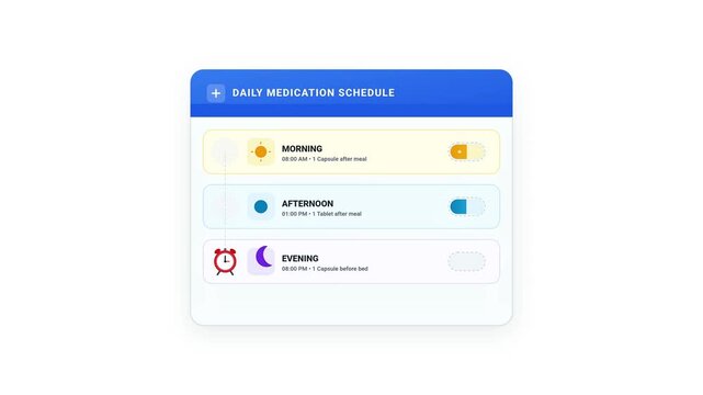 Animated showing a daily medication schedule. Features morning, afternoon, and evening dose toggles with a final 'All Completed' checkmark confirmation.