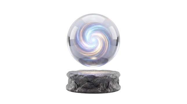 Mystical crystal ball with glowing galaxy swirl on stone pedestal, glowing glass sphere for fortune telling, magical orb on white background