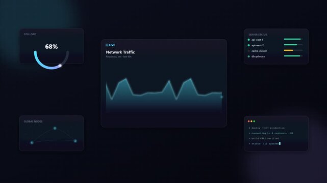 Sleek Dark Mode User Interface Design with Various Data Visualization Widgets for Digital Dashboards and System Monitoring Platforms, Highlighting Network Traffic and Progress Metrics