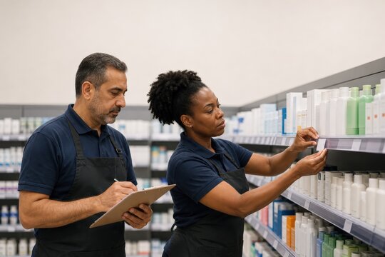 Retail shelf label audit employees replacing a tag on a personal-care display