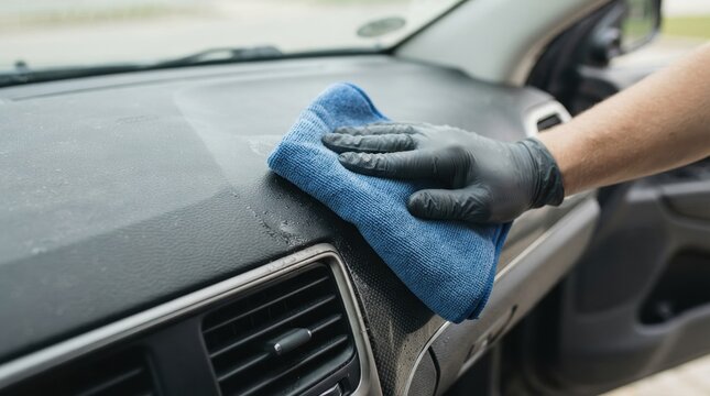car interior microfiber wipe closeup Person cleaning a car dashboard with a cloth while wearing black gloves