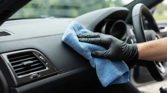 car interior microfiber wipe closeup Person wearing black gloves cleaning car dashboard with cloth inside vehicle