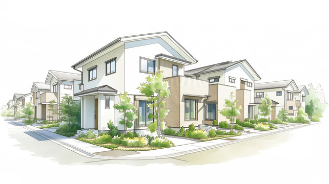 新築分譲住宅の街並みの水彩イラスト