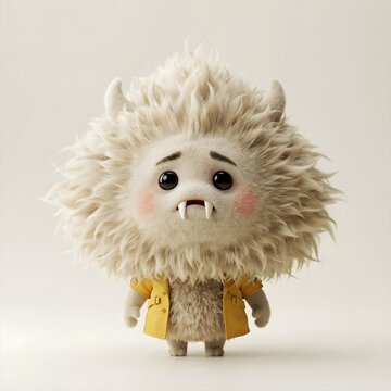 Adorable y tierno monstruo peludo de color blanco con peque&ntilde;os cuernos, colmillos y una chaqueta amarilla sobre fondo claro