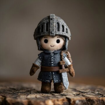 Adorable y tierno mu&ntilde;eco de fieltro o tela con armadura de caballero medieval, casco y espada sobre superficie de madera