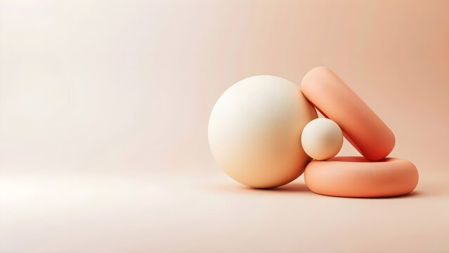 Composici&oacute;n abstracta y minimalista de formas geom&eacute;tricas en 3D que incluye esferas y aros en tonos melocot&oacute;n y beige pastel con espacio de copia