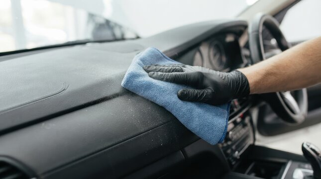 car interior microfiber wipe closeup Person cleaning car dashboard with microfiber cloth and wearing black gloves