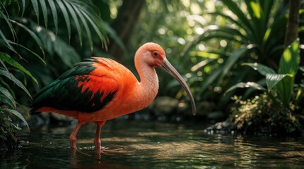 Fototapeta premium Scarlet ibis bird wades in shallow tropical water. Bright red exotic bird with long curved beak stands in forest wetland. Beautiful avian wildlife lives in rich green jungle swamp. Nature closeup of