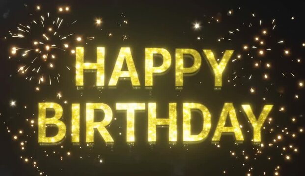 Motion graphic featuring the words &ldquo;HAPPY BIRTHDAY&rdquo; in elegant, highly readable 3D yellow glittering letters centered against a deep pure-black background