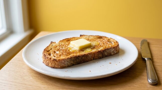 Simple toasted bread with butter on a white plate near a window.
