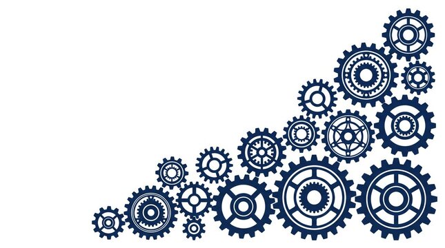 Dark blue gear wheels arranged in a corner frame with white copy space for industrial design