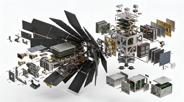 Exploded view of a modular satellite with internal electronic components