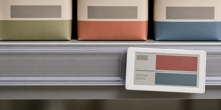 Retail shelf label audit crooked electronic tag beneath three pantry packages