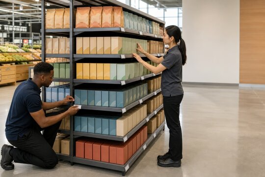 Retail shelf label audit team checking an end-cap strip before opening