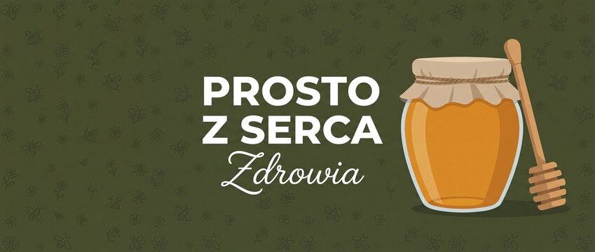 Honey jar vector banner illustration with wooden dipper and Polish text Prosto Z Serca Zdrowia on green background for organic natural food label, healthy product packaging banner and apiculture desig