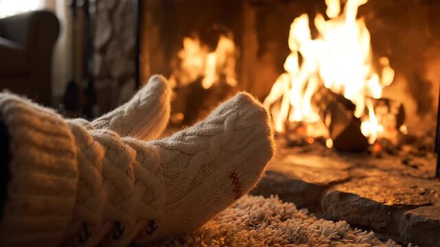 Cozy Socks Warming by a Crackling Fireplace, Gently Shifting Flames and Embers Creating a Warm, Inviting Atmosphere.